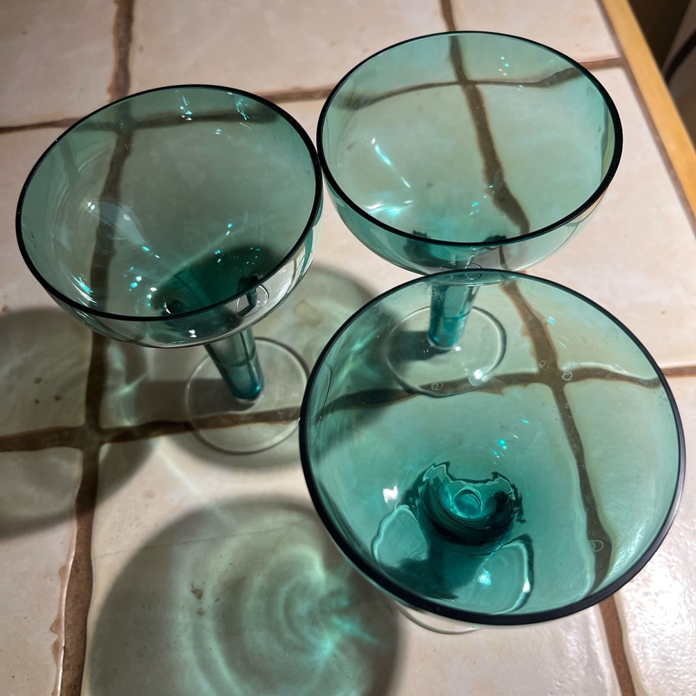 Set of 3 CB2 Teal Coupe Glasses (2021)